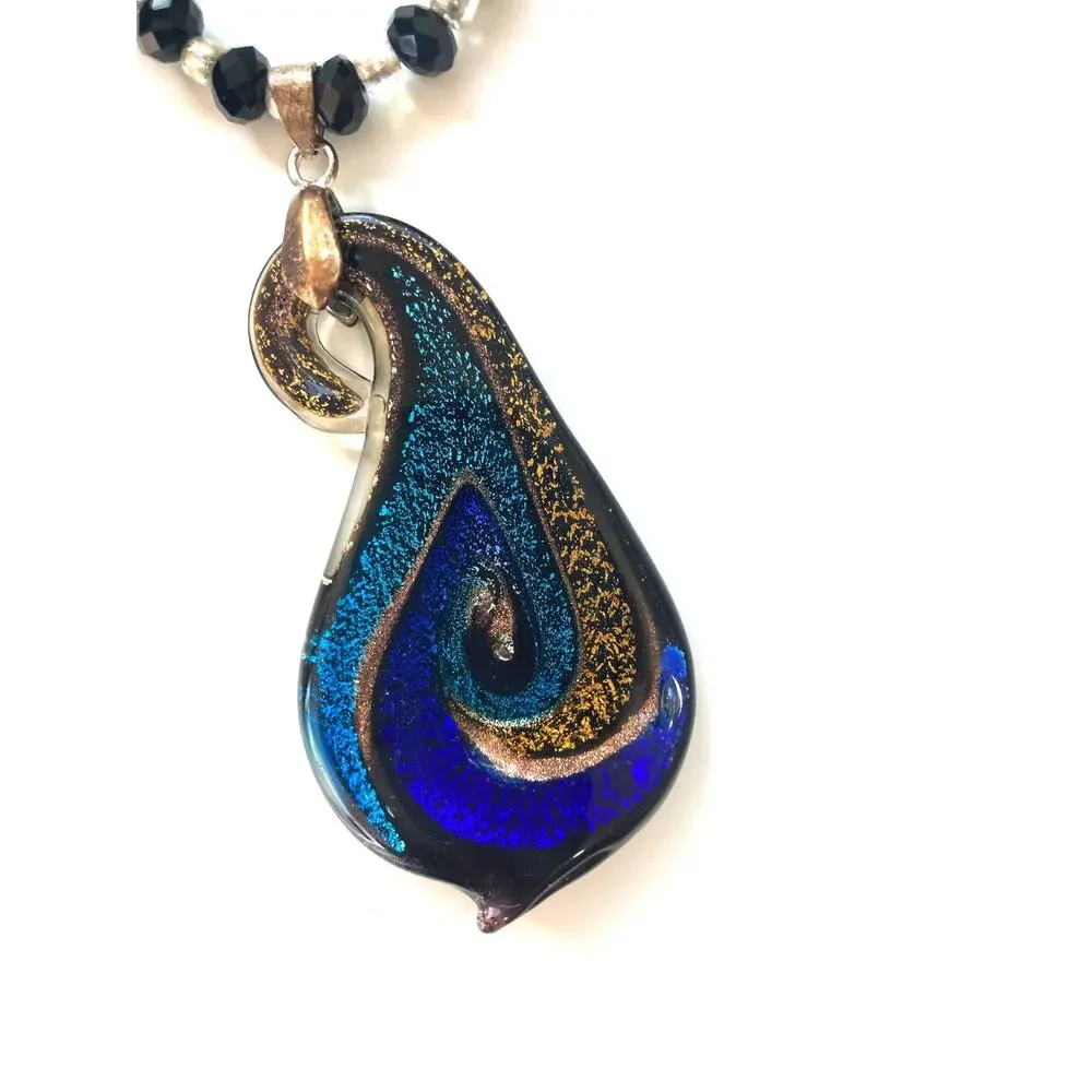 Artisan Handcrafted Art Glass Blue Gold Beaded Necklace Pendant Earring Set